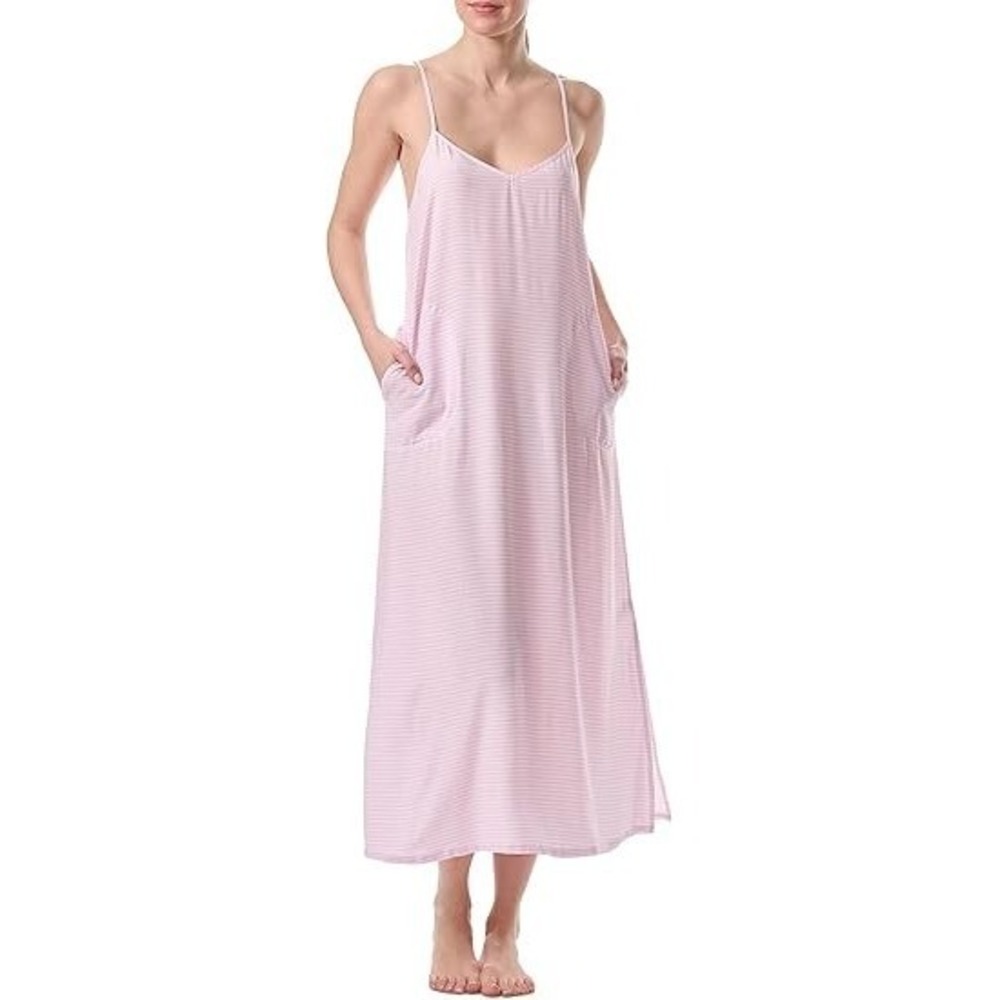 Splendid Women's Printed Side-Split Long Chemise - Pink Feeder Stripe,‎ Large